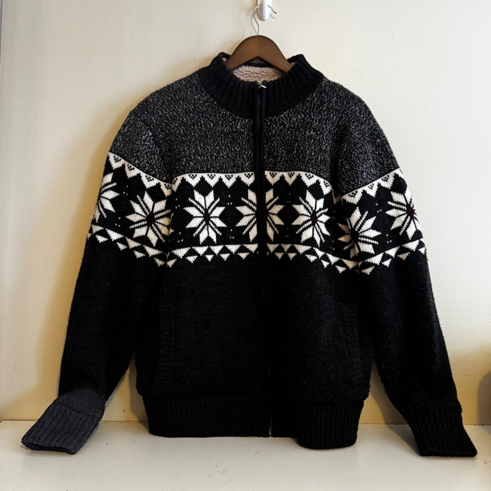 Coleman Men's Sz L Black Fair Isle Sherpa Lined Sweater Outerwear Winter Layers